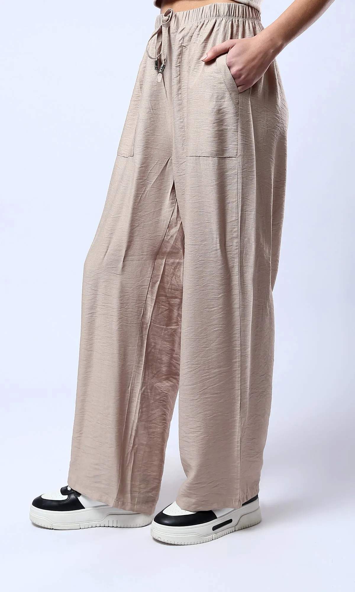 O179836 Light Coffee Fluffy Wide Leg Casual Pants