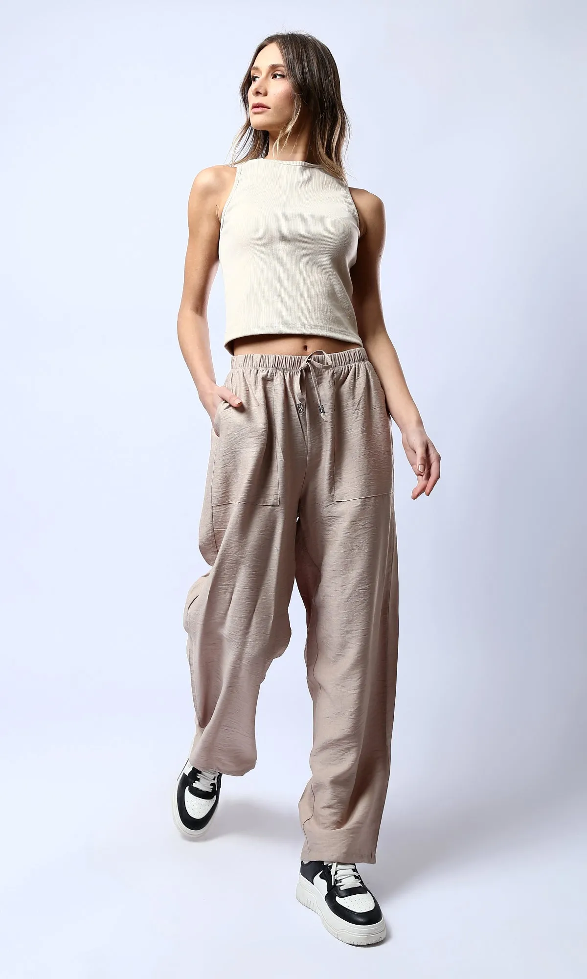 O179836 Light Coffee Fluffy Wide Leg Casual Pants