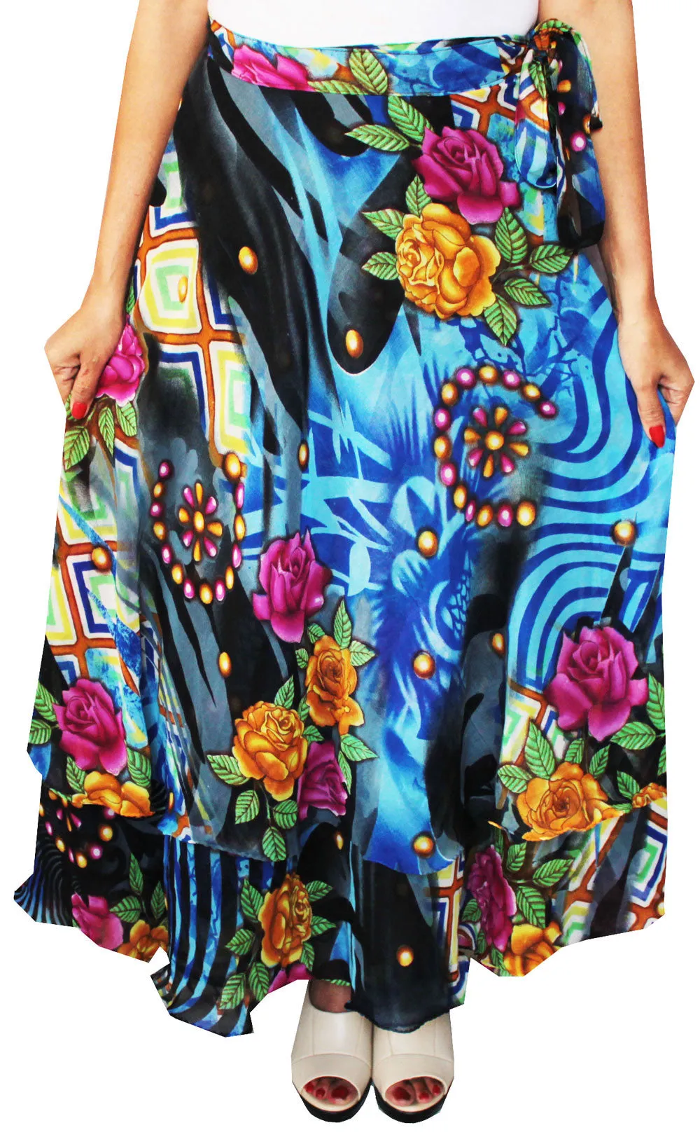 Printed Long Wrap Indian Skirt Womens India Clothes (Blue)