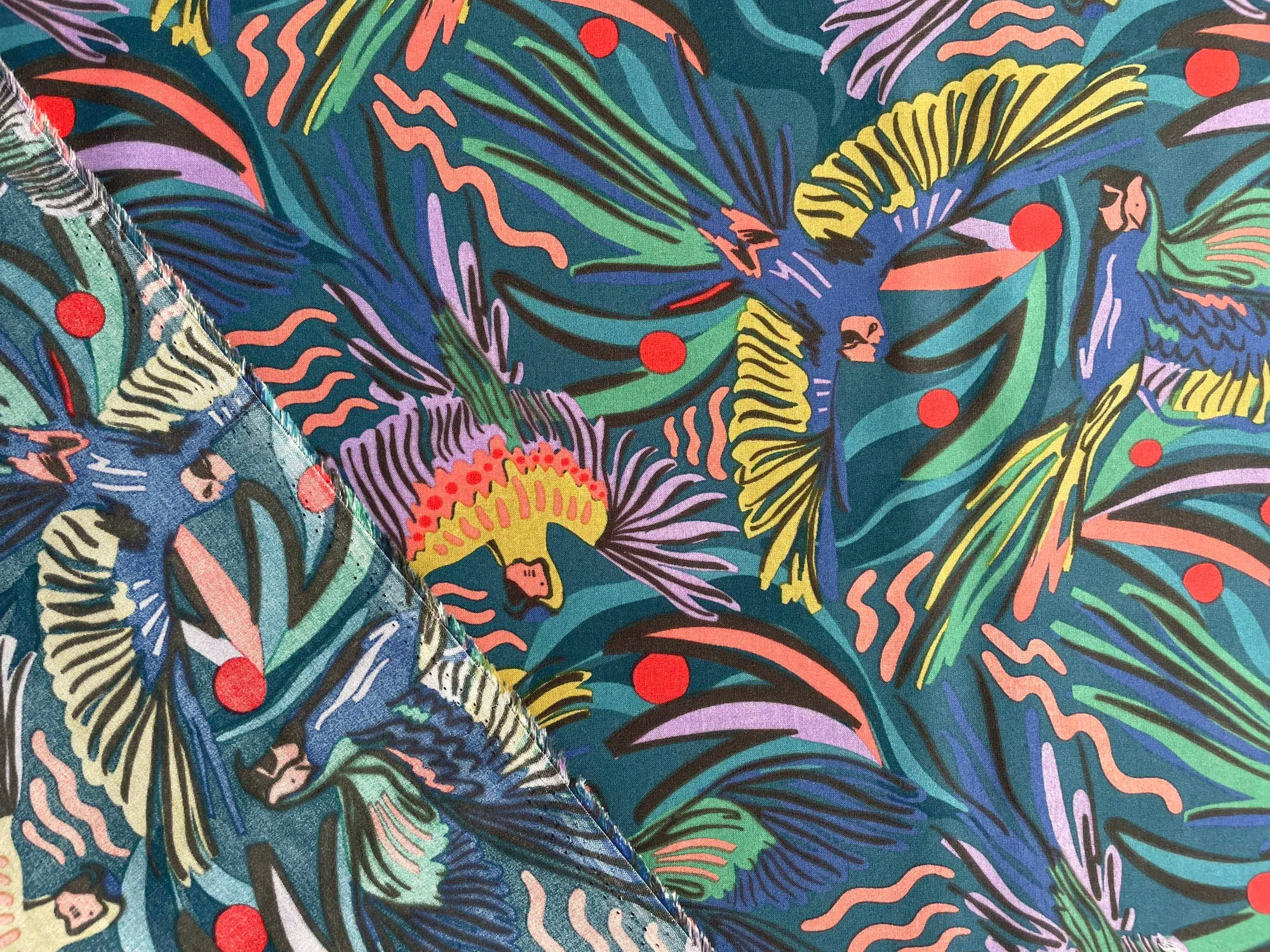 Rayon Challis Fabric in Jungle Birds by Cloud9