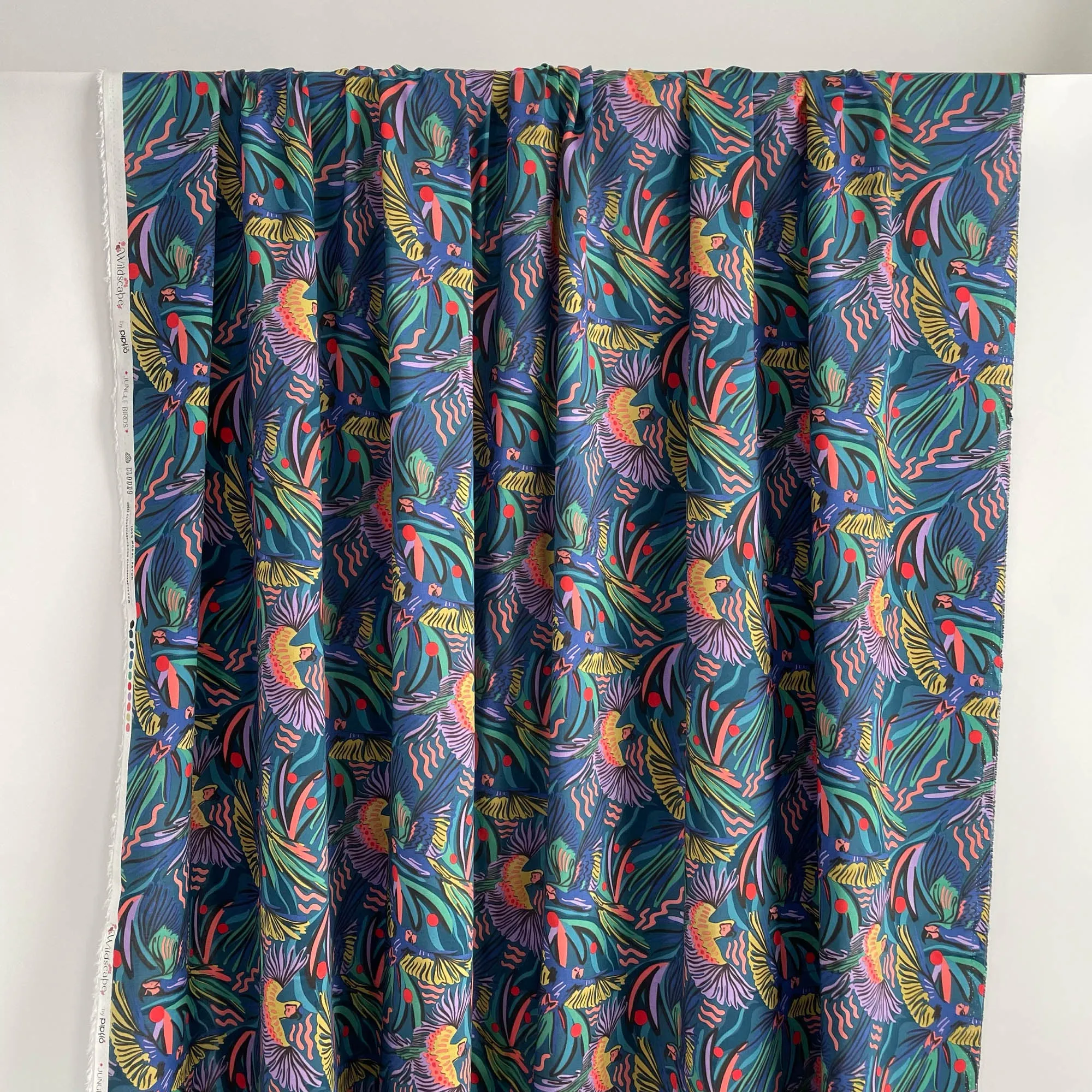 Rayon Challis Fabric in Jungle Birds by Cloud9