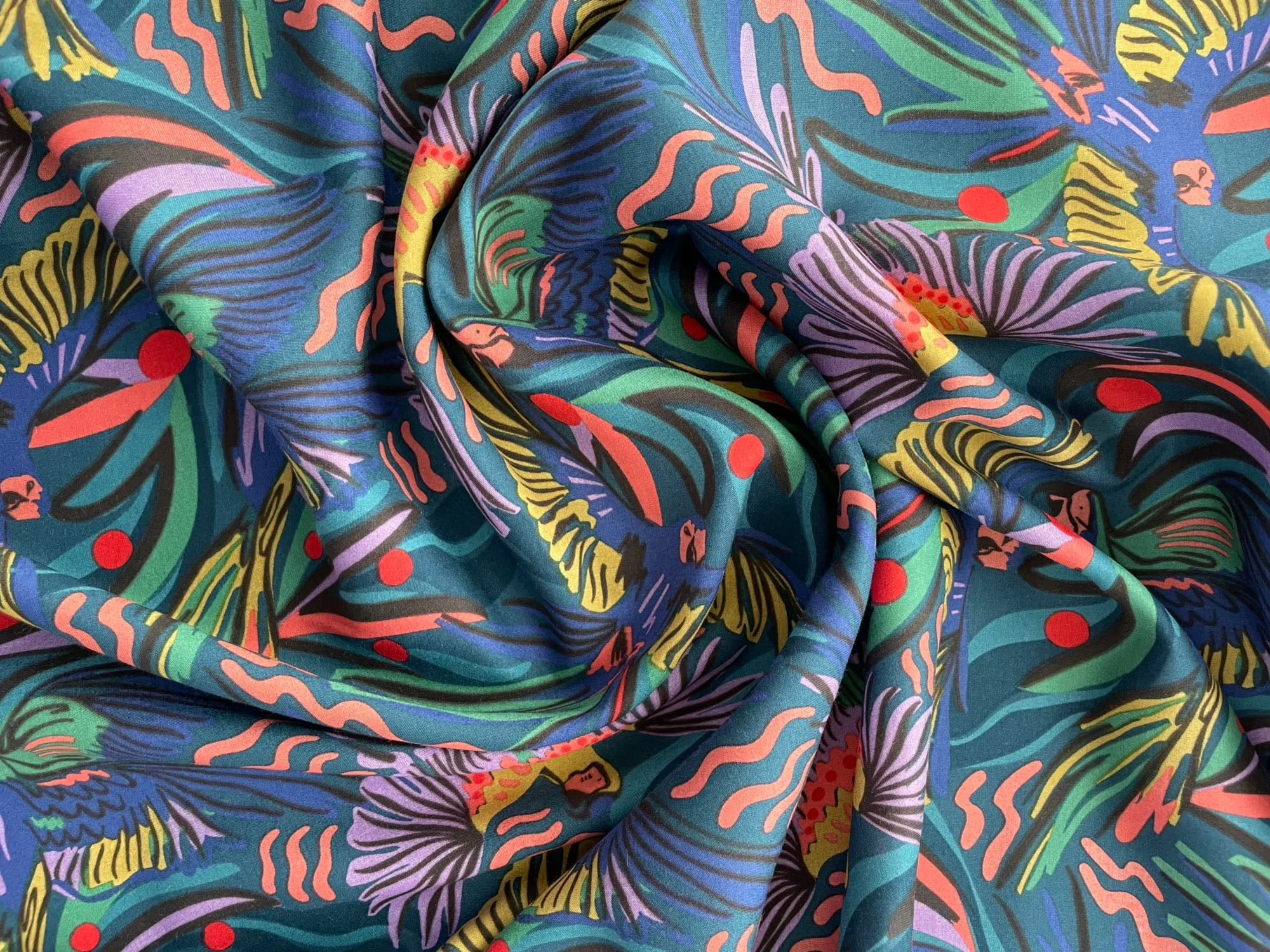 Rayon Challis Fabric in Jungle Birds by Cloud9