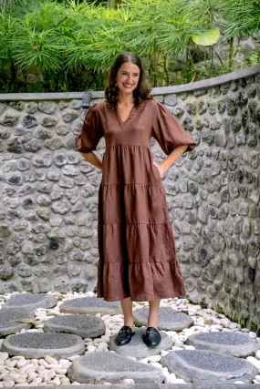 Sabre Linen V-Neck Dress in Raisin