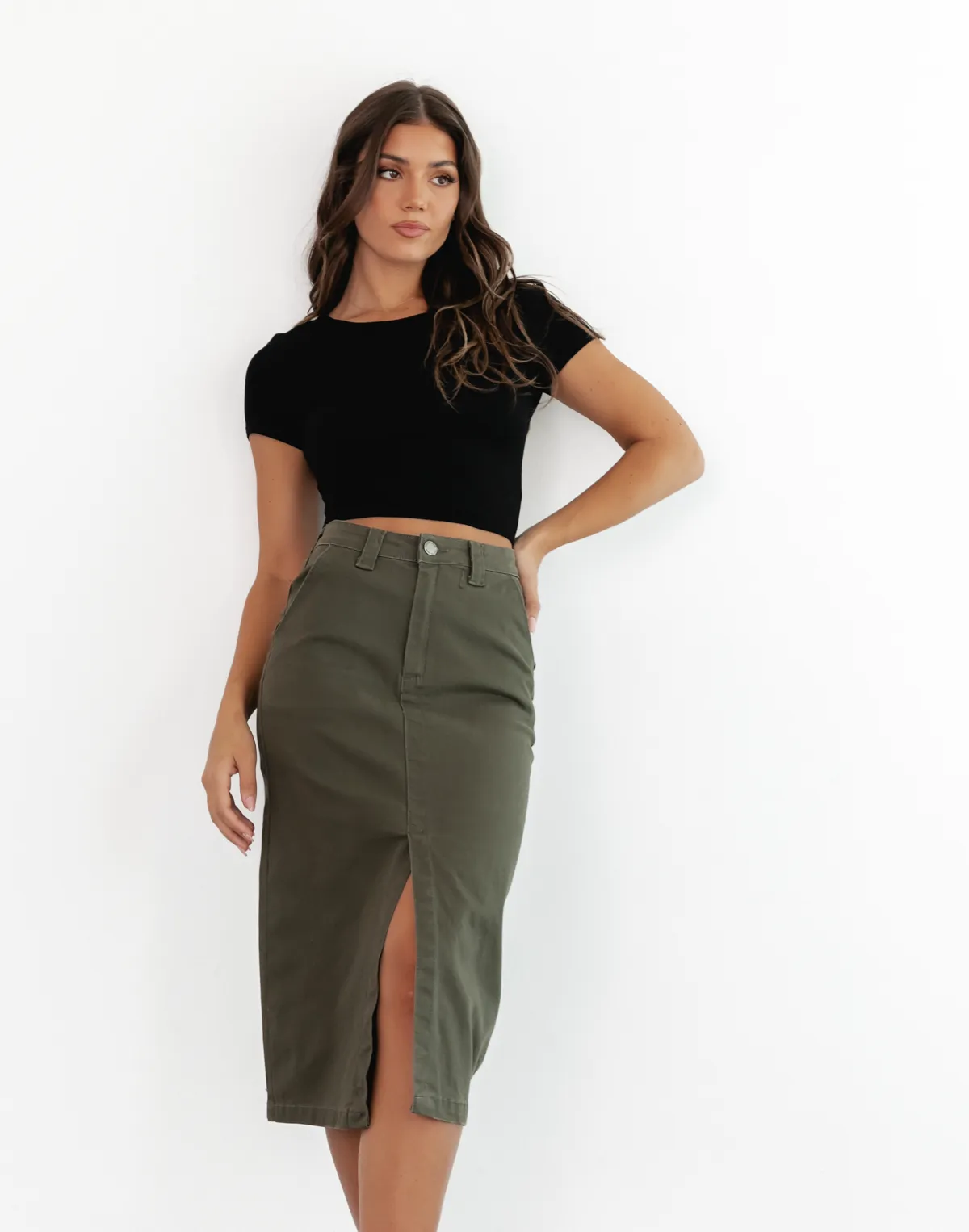 Scott Denim Midi Skirt (Khaki)