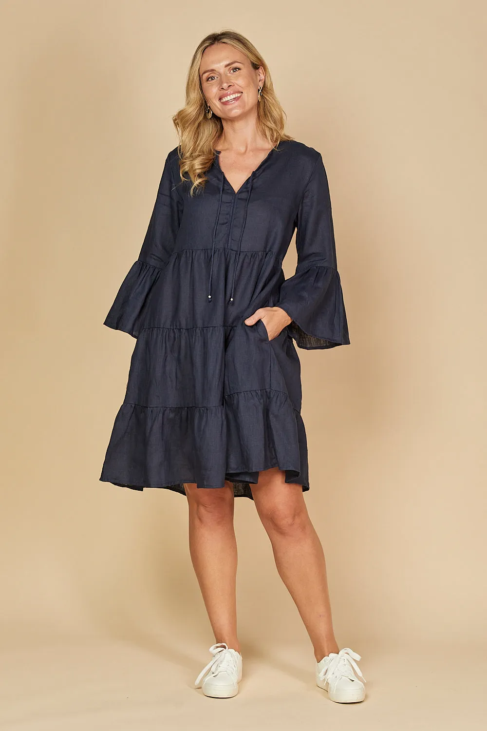 Scout Tiered Linen Dress in Navy