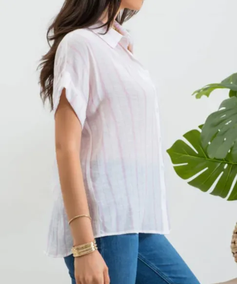 Stripe Button Down Top - Pink