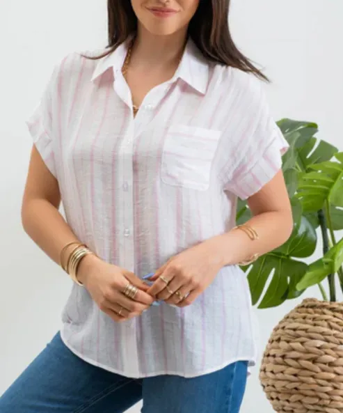 Stripe Button Down Top - Pink