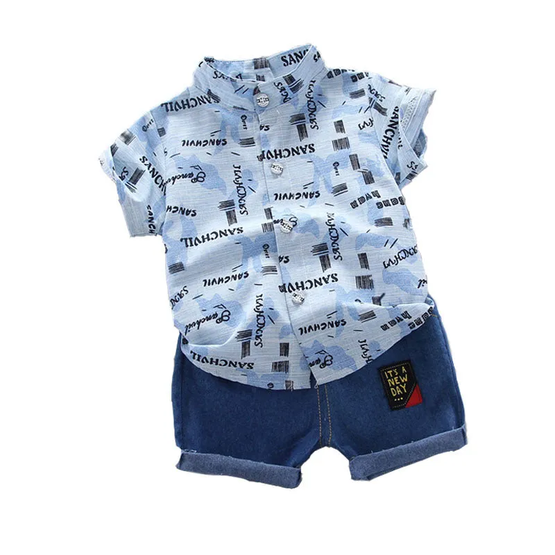 Summer Boys' Letter Shirt Short-sleeved Jeans Shorts Two-piece Set