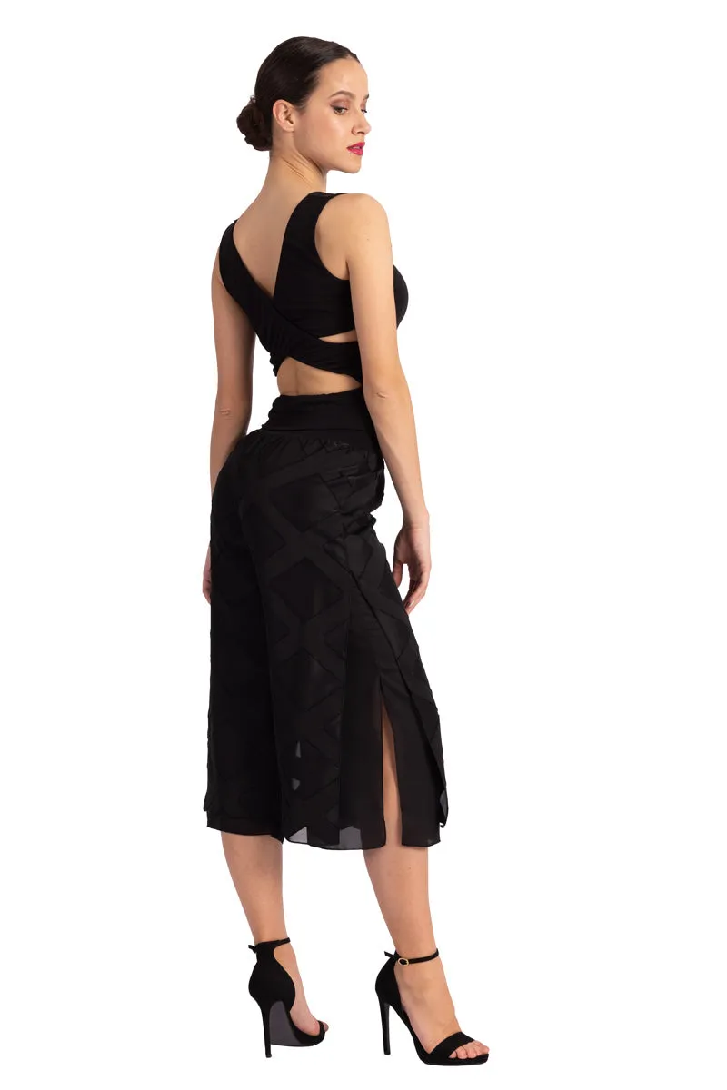 Two-layer Black 3D Relief Cropped Culottes With Slits