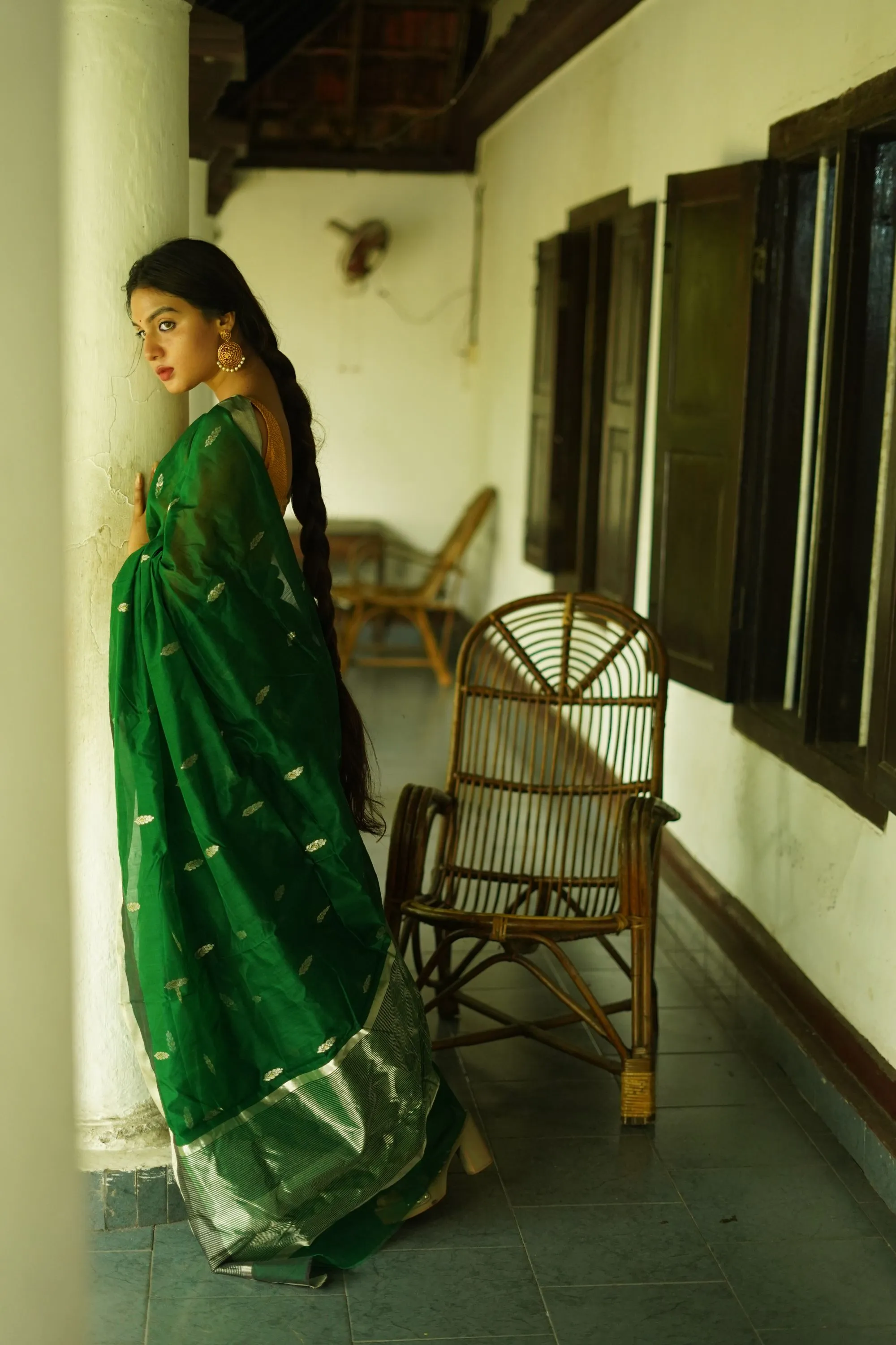 Utsav dark green silk cotton silver Zari Chanderi Saree