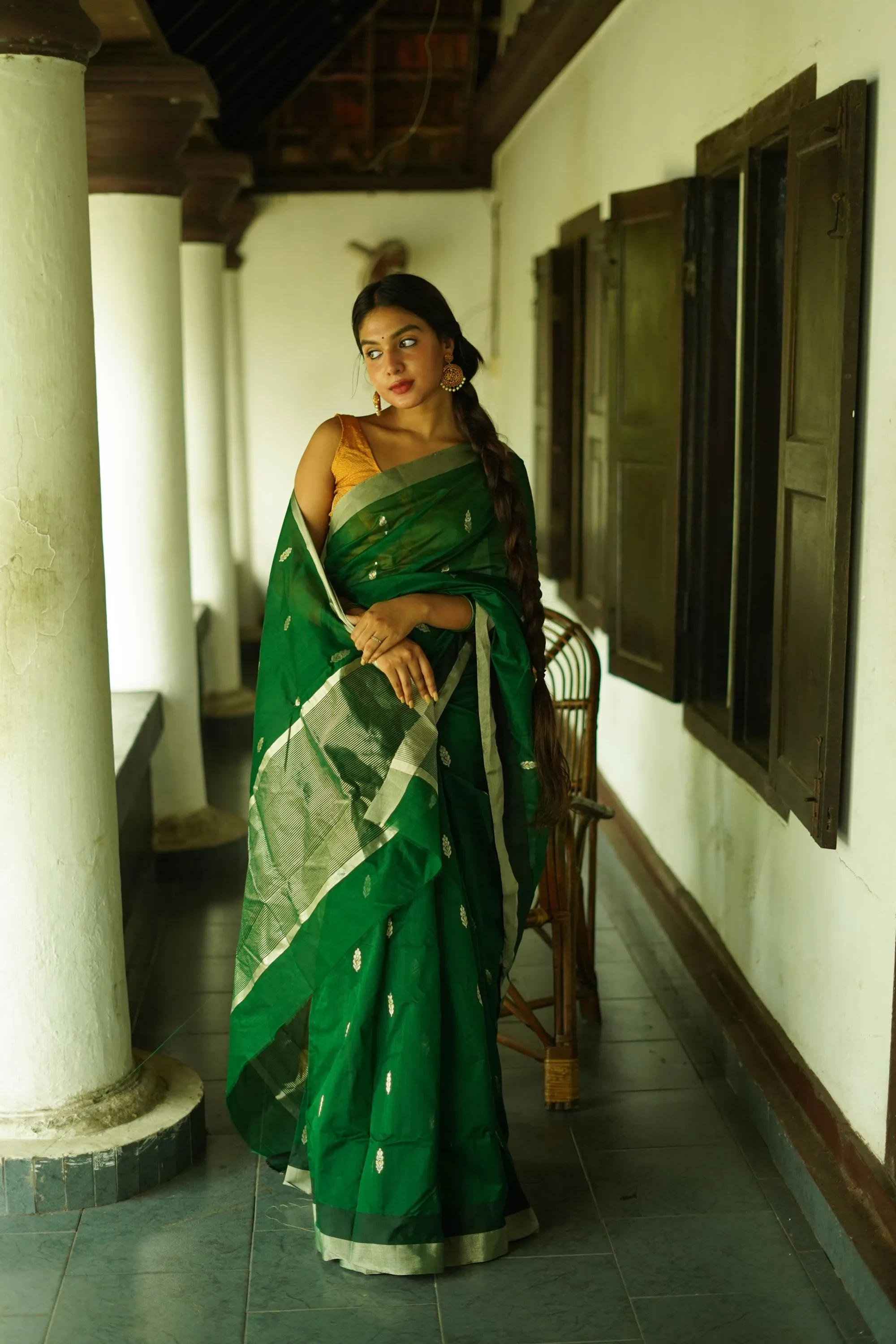 Utsav dark green silk cotton silver Zari Chanderi Saree