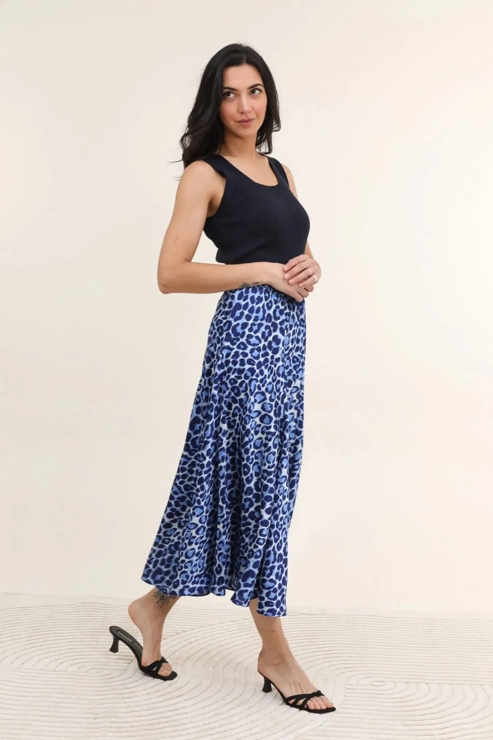 VALENTINA SATIN SKIRTBLUE LEOPARD