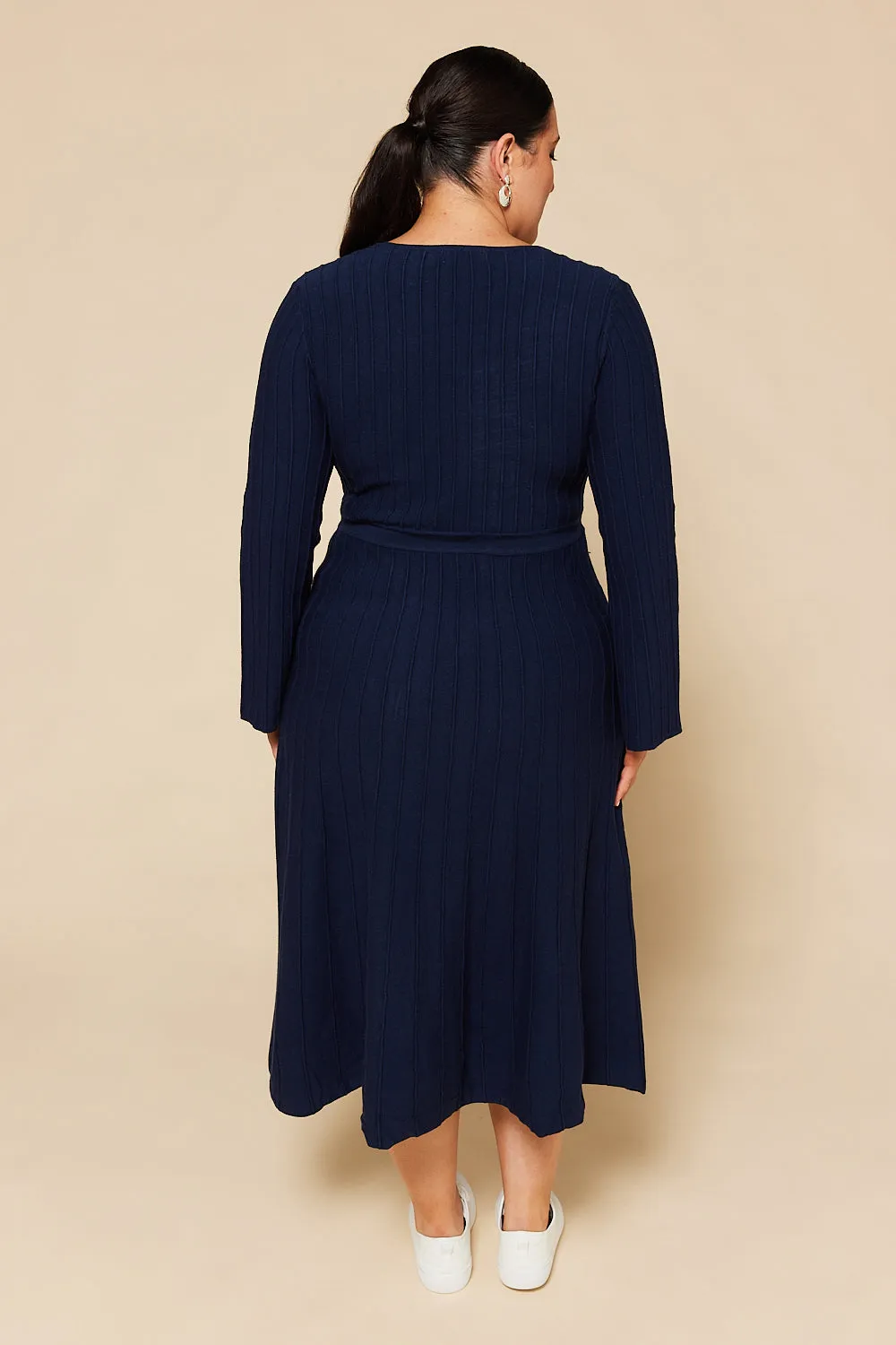 Waisted Knitted Dress in Navy