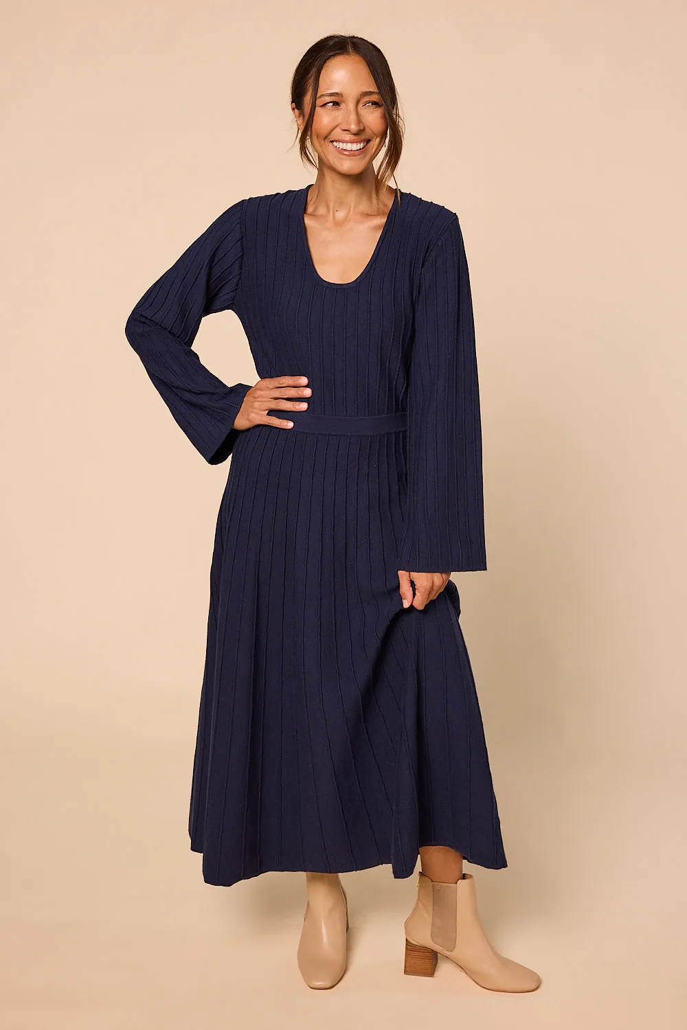 Waisted Knitted Dress in Navy