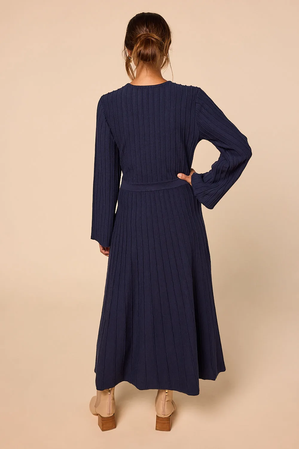 Waisted Knitted Dress in Navy