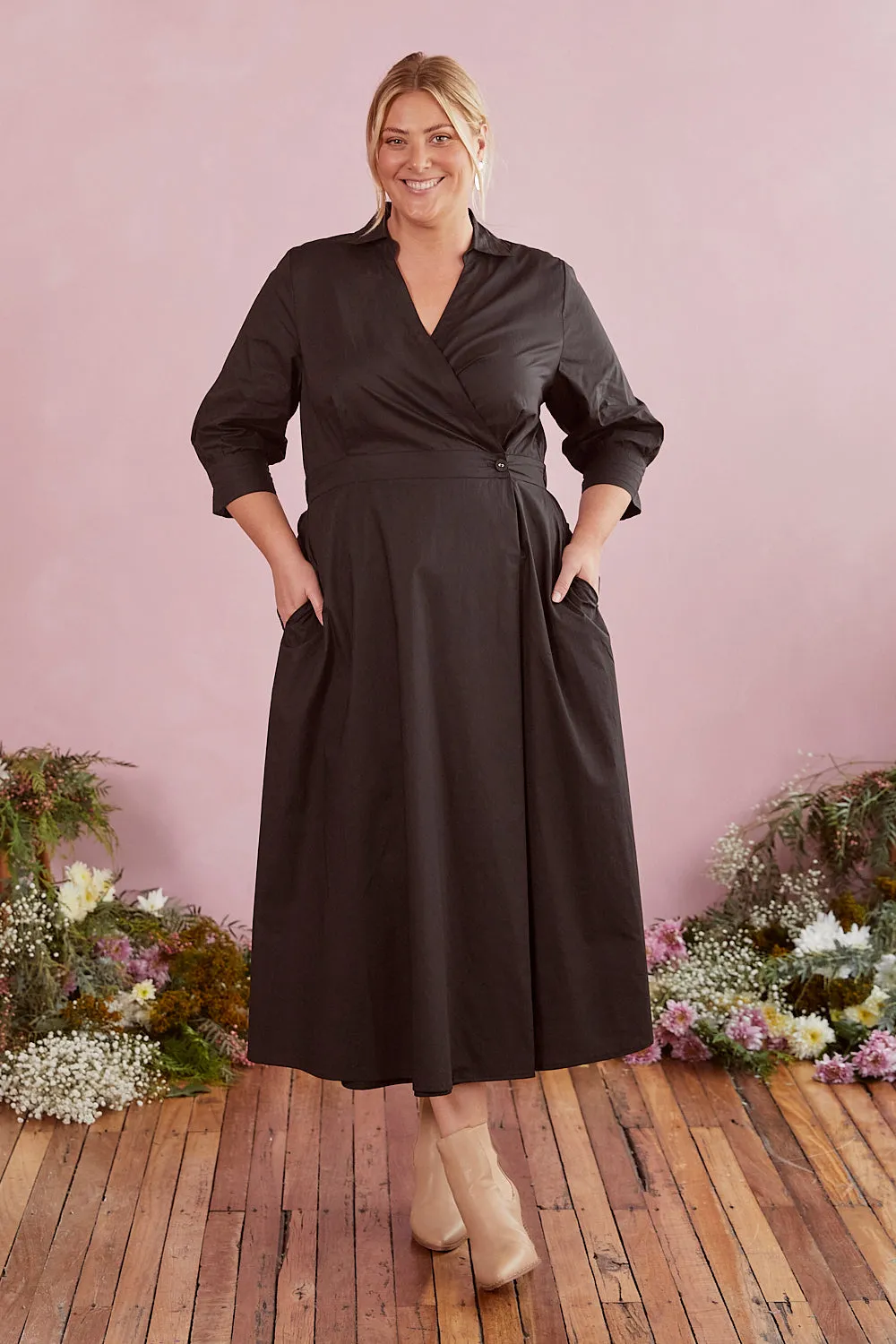 Wendy Poplin Wrap Dress in Black