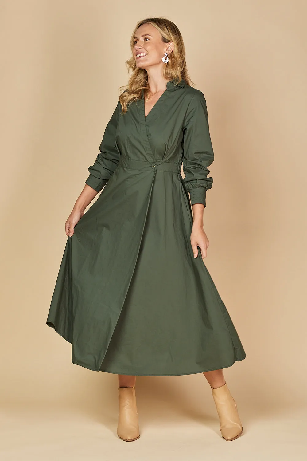 Wendy Poplin Wrap Dress in Bottle Green