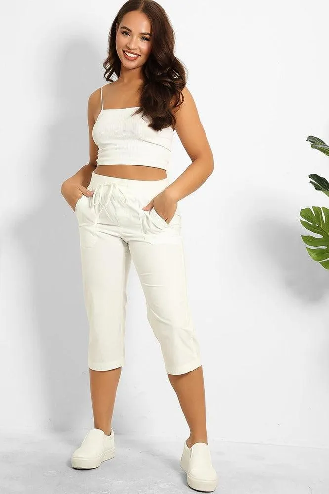 White 100% Cotton Twill Drawstring Waist Capris