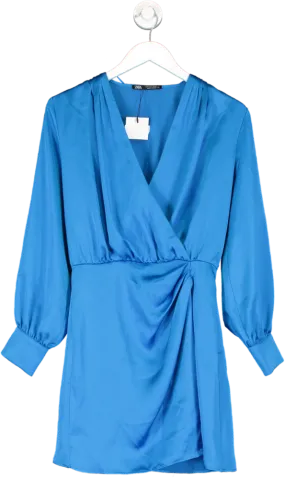 ZARA Blue Draped Satin Long Sleeve Wrap Mini Dress BNWT UK S