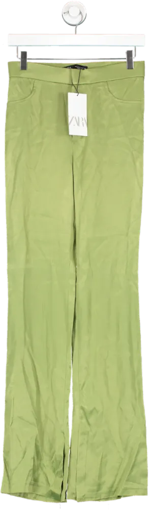 ZARA Green Satin Flared Trousers UK S